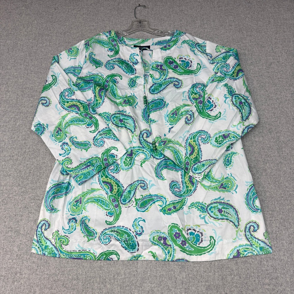 Jones New York Tunic Top 2X White Green Paisley Cotton Split Neck 3/4 Sleeve
